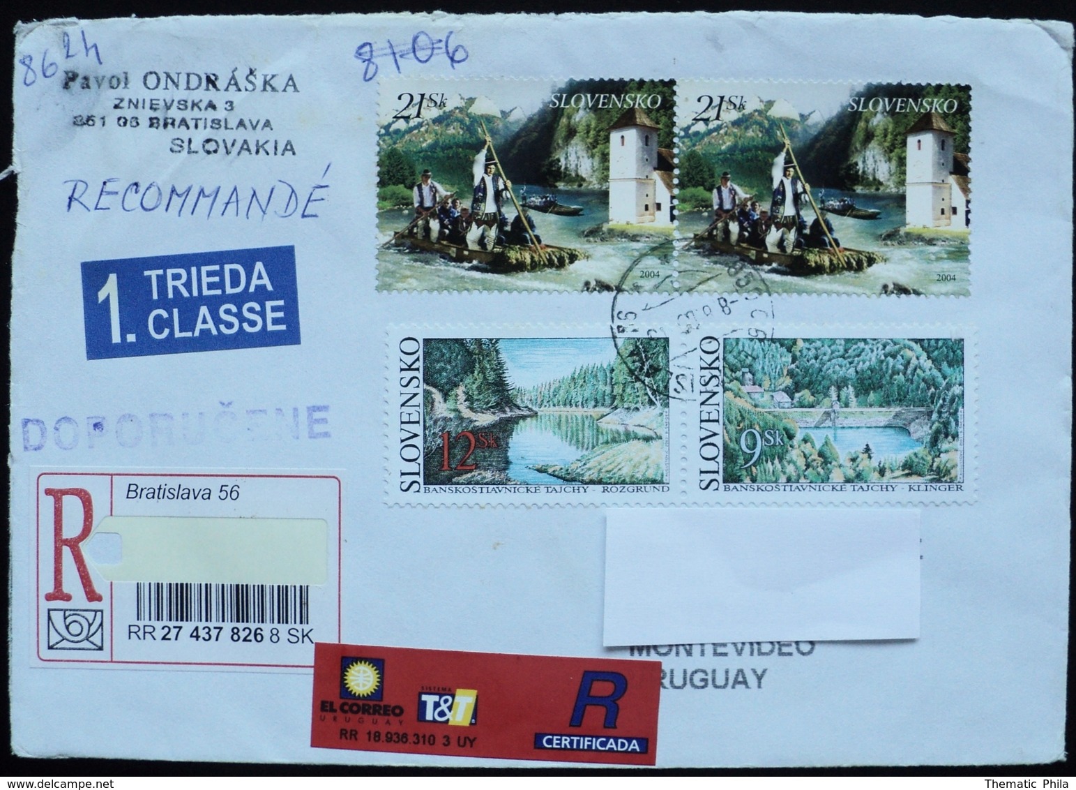 2015 Slovakia Slovensko Certificated Circulated Cover To Montevideo Uruguay Boat Water Eau Agua River Rio Stream - Briefe U. Dokumente