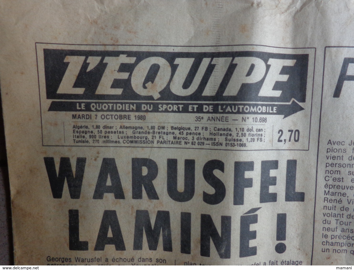 Journal L'equipe Octobre 1980 (robic)- Warusfel Lamine - Desde 1950