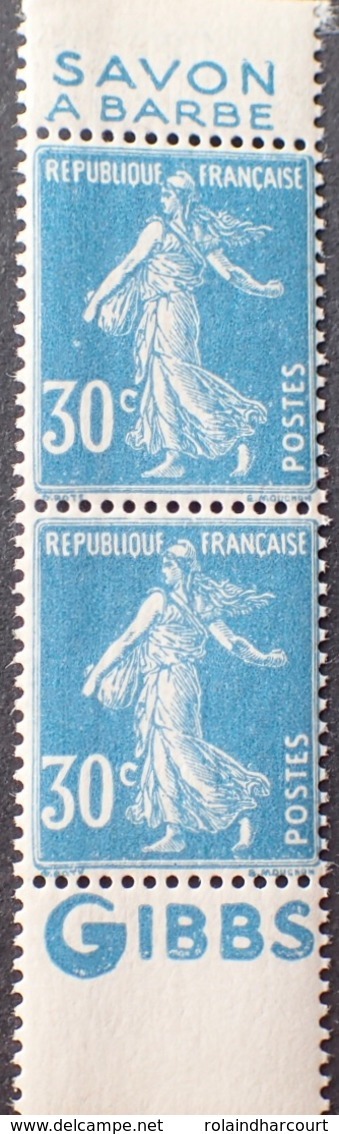 R1189/362 - 1925/1926 - TYPE SEMEUSE CAMEE - PAIRE VERTICALE DE CARNET  N°192 (IIB) NEUFS** BdF Avec Publicité " GIBBS " - Autres & Non Classés