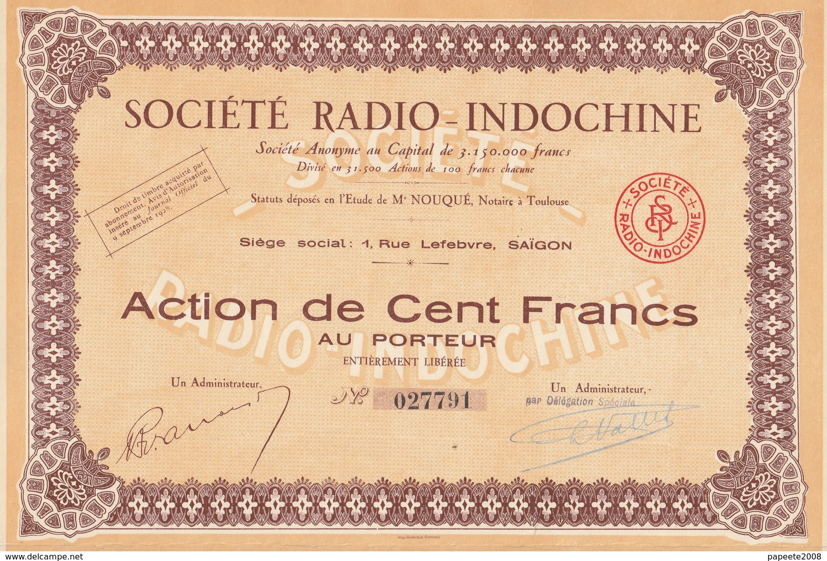 Indochine - Sté Radio-Indochine - Capital De 3 150 000 F / Action De 100 F - Asia