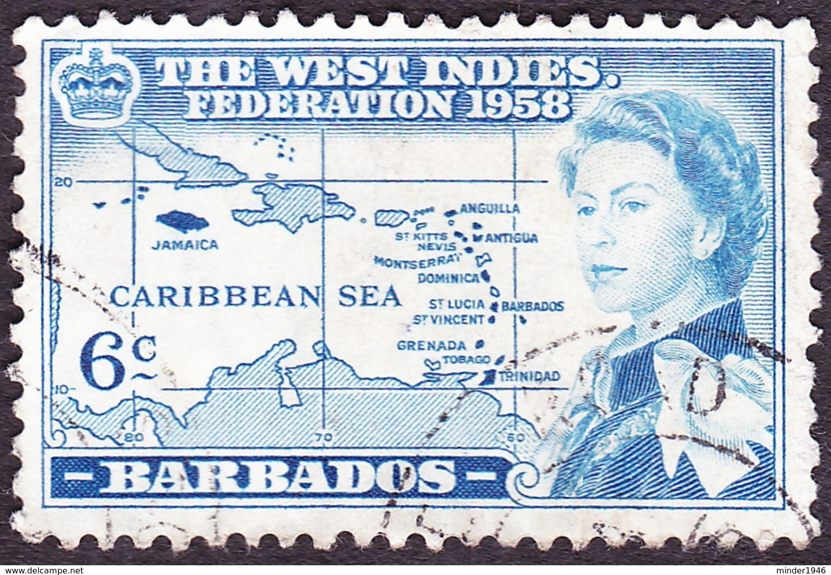 BARBADOS 1958 QEII 6c Blue Inauguration Of British Caribbean Federation SG304 Used - Barbados (...-1966)