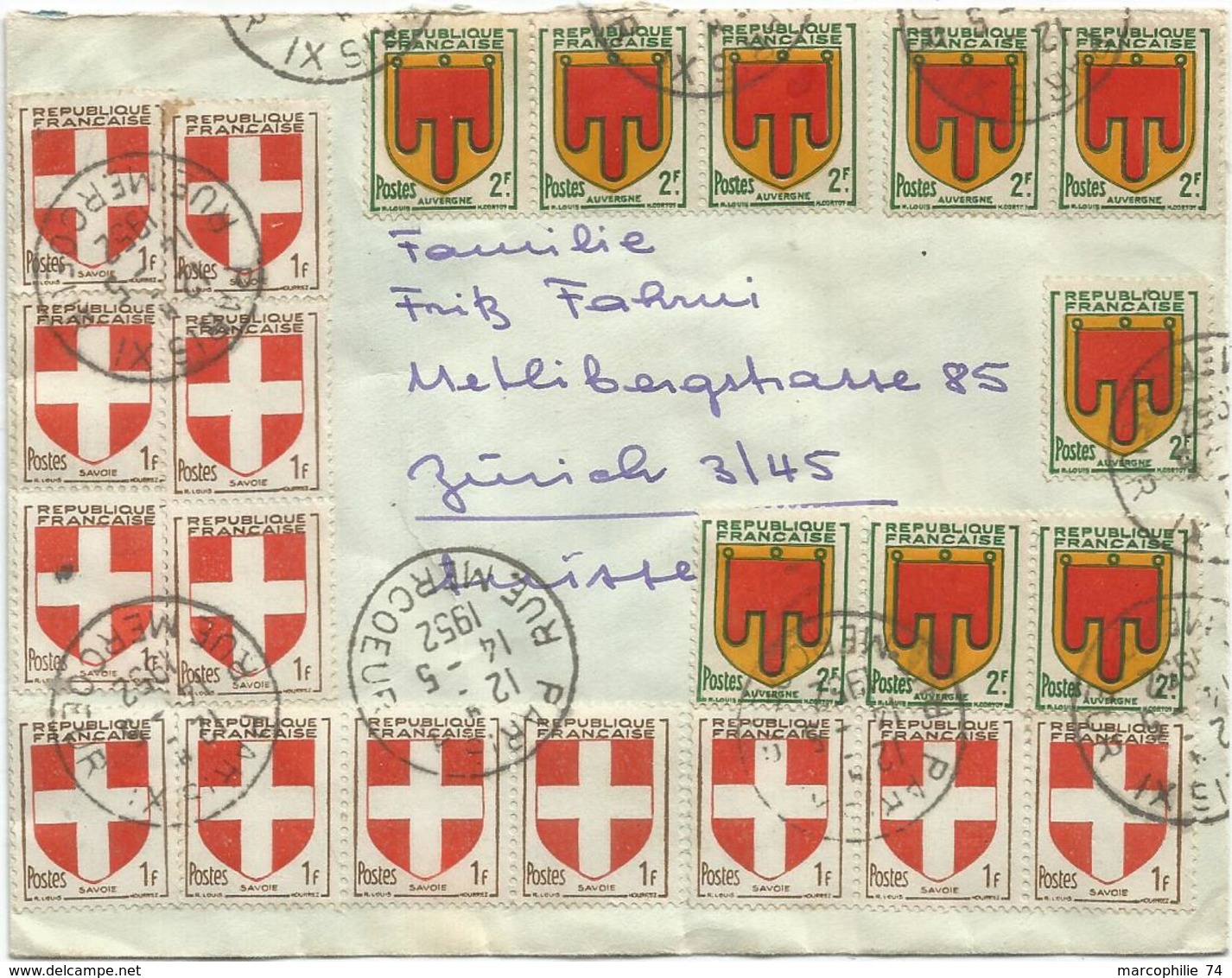 BLASON 1FR SAVOIEX13+ 2FR AUVERGNEX9  LETTRE BRIVE CORREZE 12.IX.1950 POUR SUISSE 1FR EN TROP - 1941-66 Coat Of Arms And Heraldry