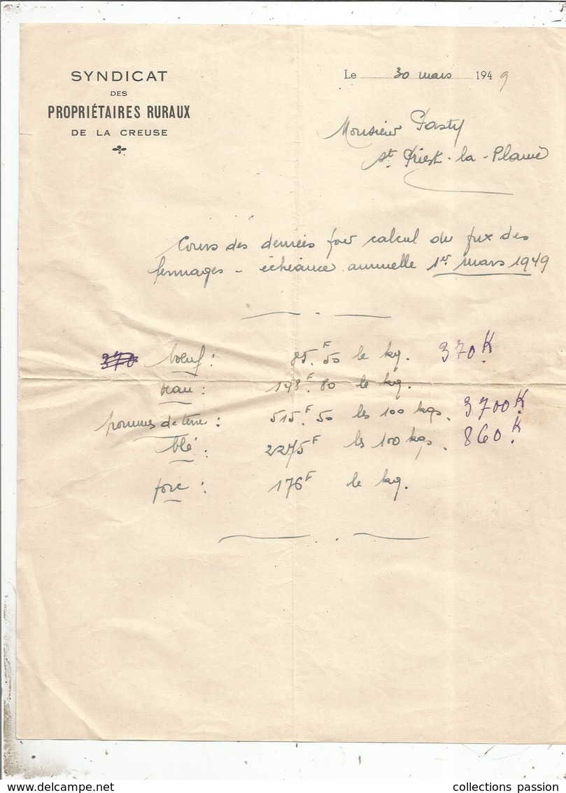 Facture ,SYNDICAT DES PROPRIETAIRES RURAUX De La CREUSE ,1949, Cours Des Denrées, Frais Fr 1.65e - Agriculture