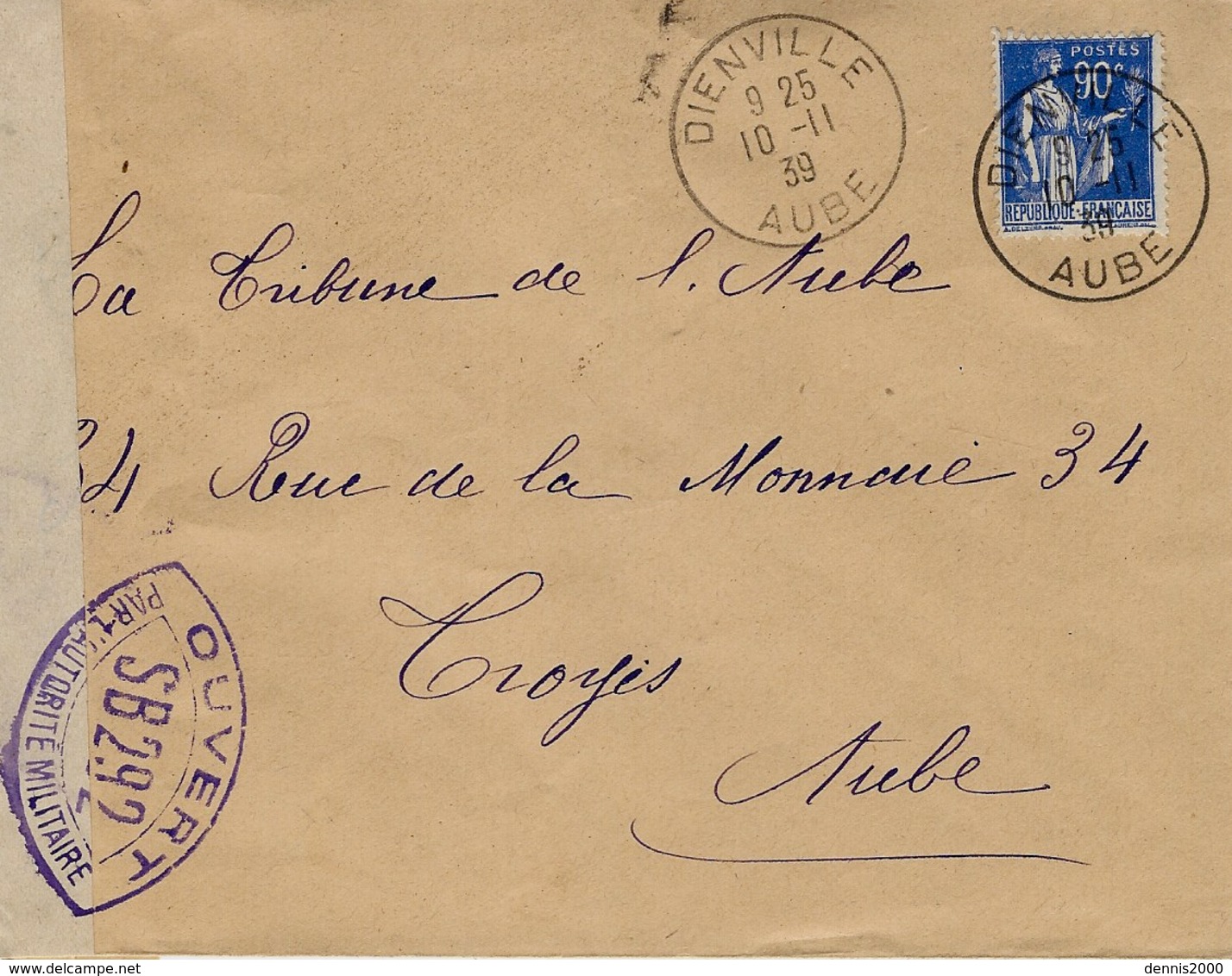 1939- Enveloppe De Dienville ( Aube )  Affr. 90 C  Avec Censure S B 292 - WW II