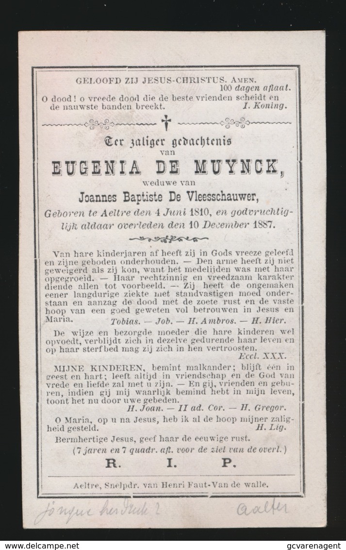 EUFENIA DE MUYNCK  AALTER  1810  1887 - Todesanzeige