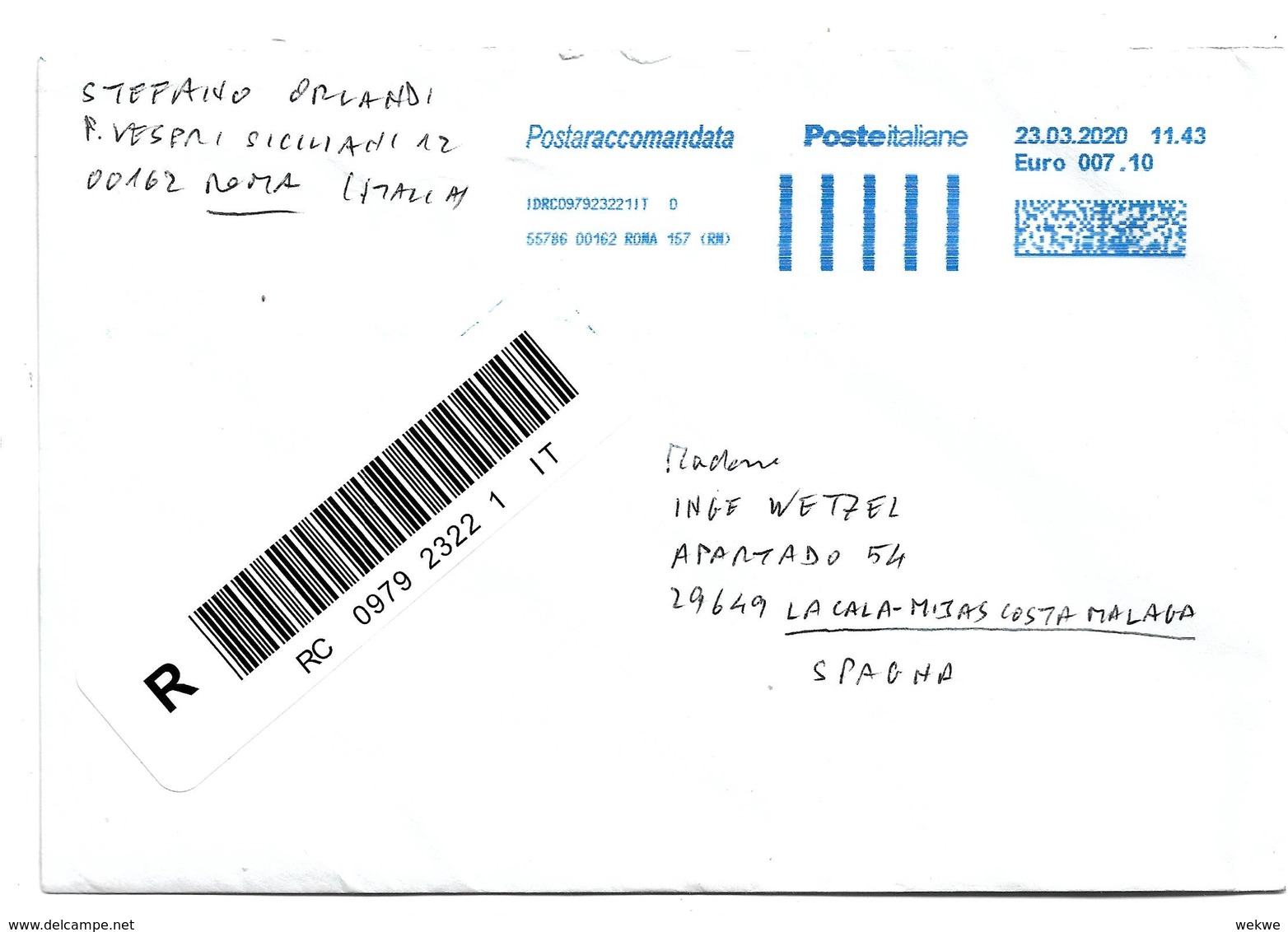 IR084 / ITALIEN -  Automaten-Einschreiben Nach Spanien 2020 - 2011-20: Marcophilia