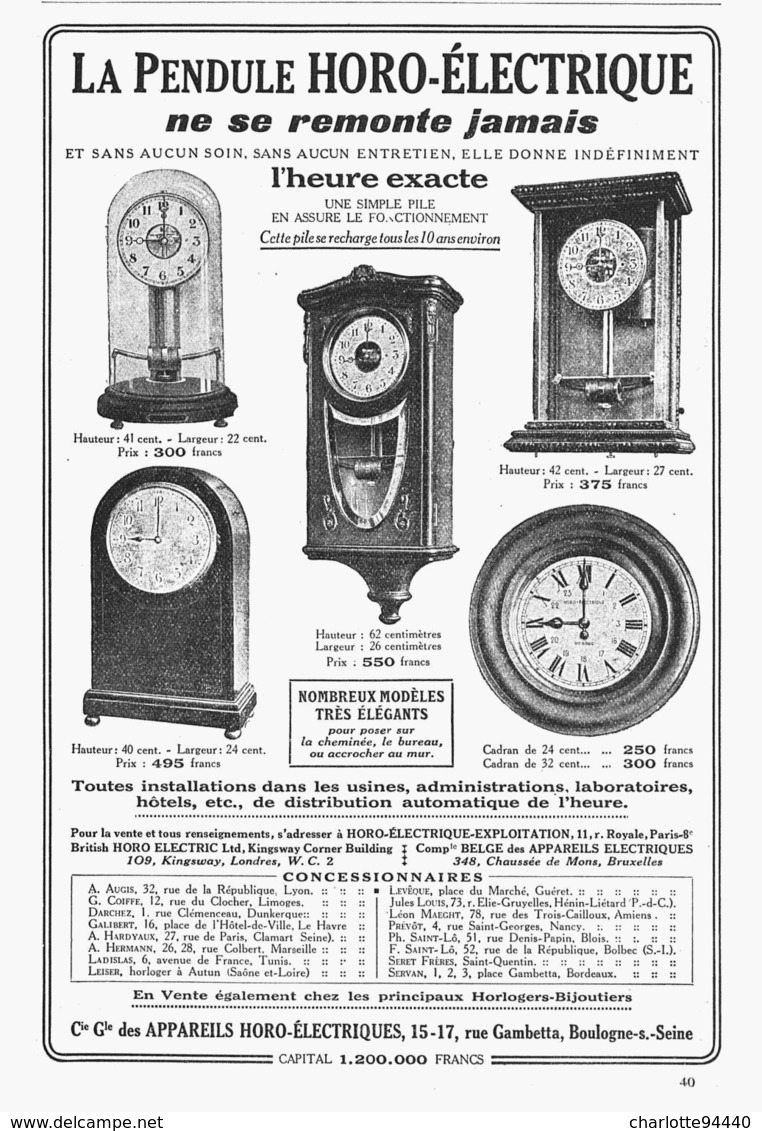 PUB PENDULES   " HORO-ELECTRIQUE  "  1922  ( 1 ) - Wanduhren