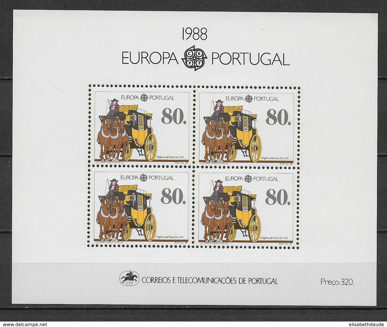 PORTUGAL  - EUROPA  1988 - BLOC N° 58 ** MNH - CHEVAUX / DILIGENCE - Blocs-feuillets