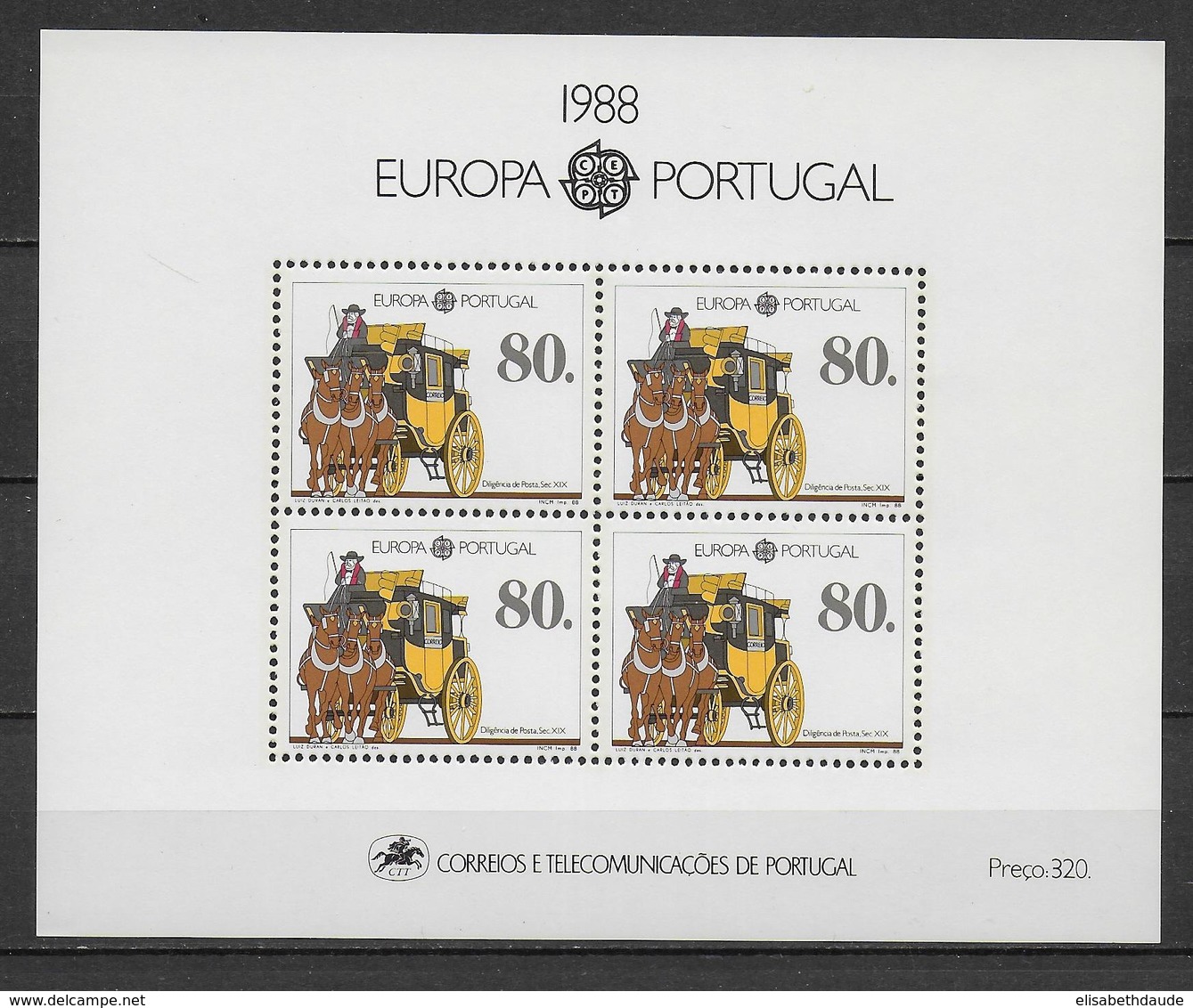 PORTUGAL  - EUROPA  1988 - BLOC N° 58 ** MNH - CHEVAUX / DILIGENCE - Blocchi & Foglietti