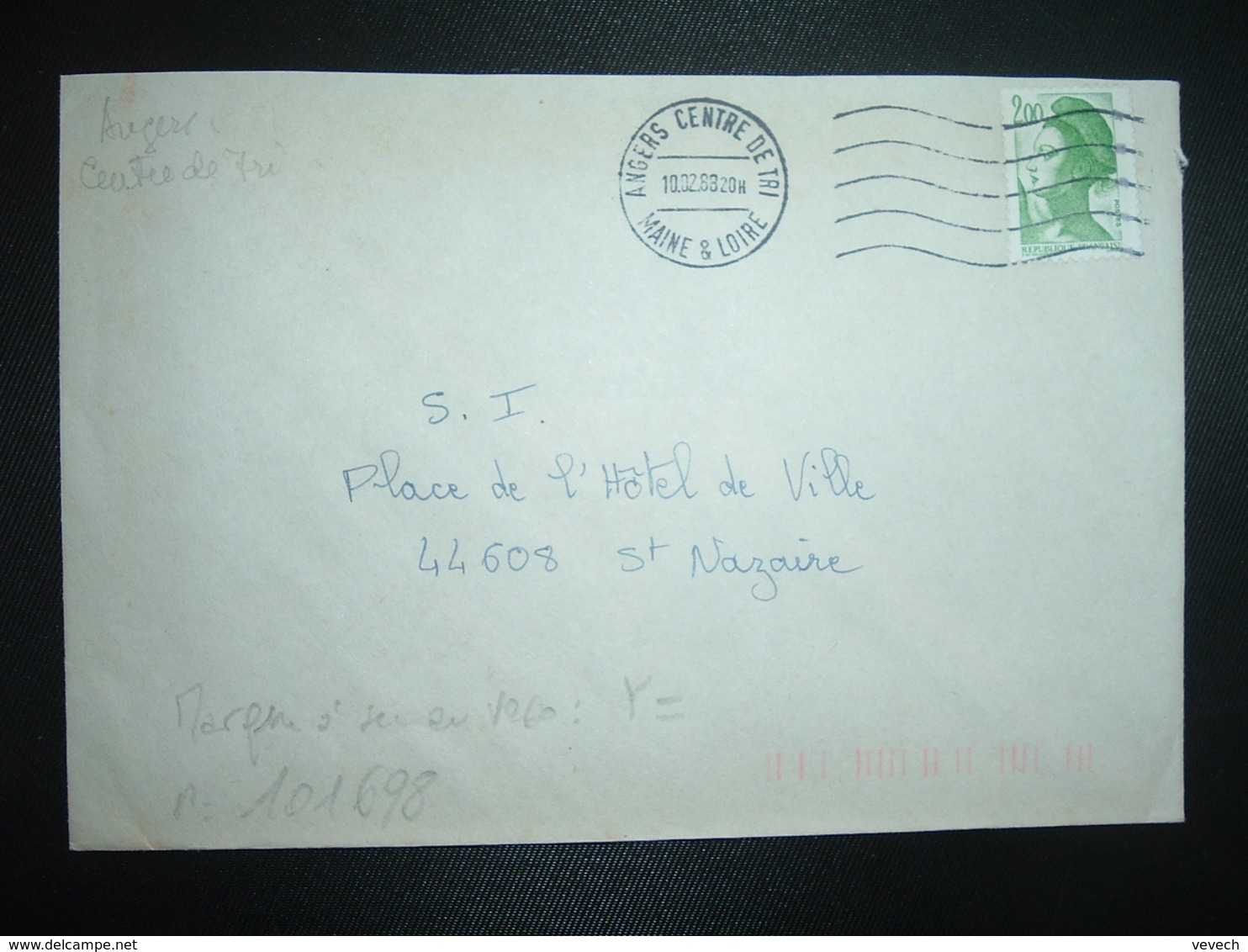 LETTRE TP LIBERTE 2,00 VERT OBL.MEC.10.02.88 ANGERS CENTRE DE TRI (49) + TRI INDEXATION BARRES ROSES Marque à Sec Y= - Storia Postale