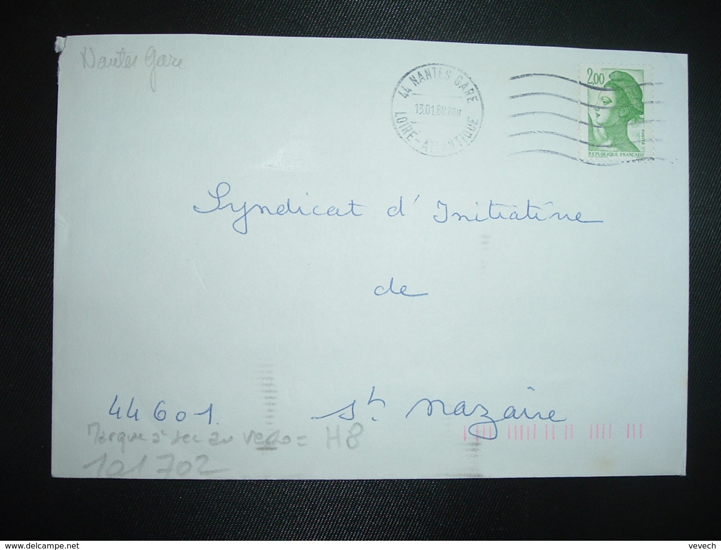 LETTRE TP LIBERTE 2,00 VERT OBL.MEC.13.01.88 44 NANTES GARE + TRI INDEXATION BARRES ROSES Marque à Sec H8 - Cartas & Documentos