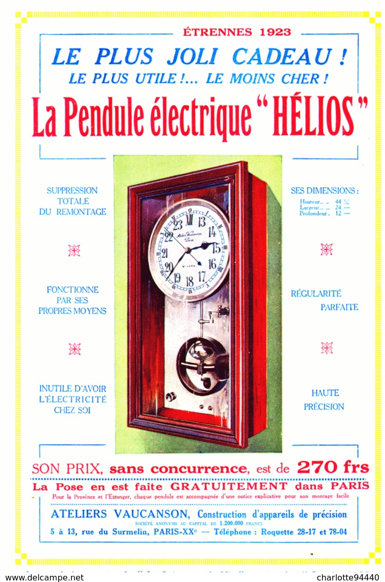 PUB PENDULES ELECTRIQUE  " HELIOS  "  1922  ( 1 ) - Horloges