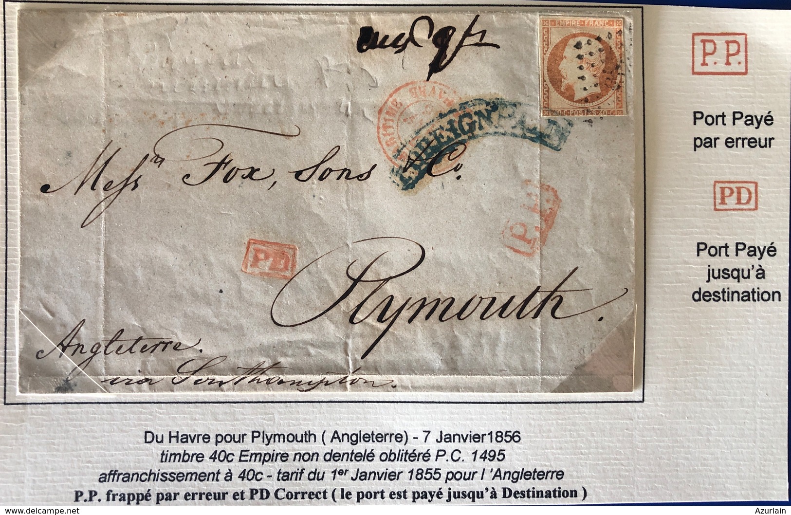 1856 Du Havre Pour PLYMOUTH PP Par Erreur Timbre 40c Empire Seine Inférieure - 1801-1848: Precursori XIX