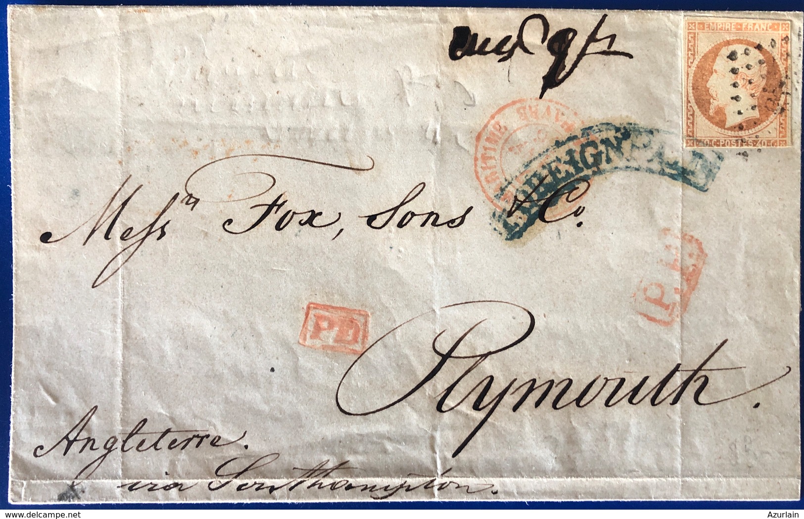 1856 Du Havre Pour PLYMOUTH PP Par Erreur Timbre 40c Empire Seine Inférieure - 1801-1848: Precursori XIX