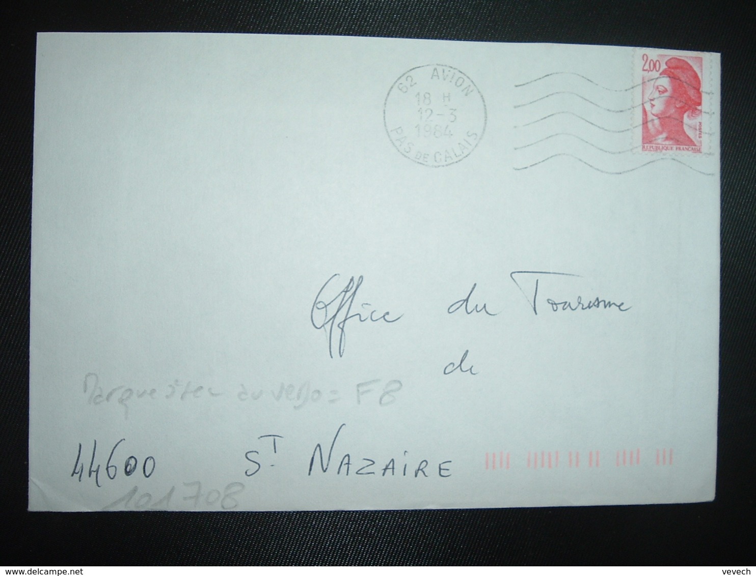 LETTRE TP LIBERTE 2,00 ROUGE OBL.MEC.12-3 1984 62 AVION + TRI INDEXATION BARRES ROSES Marque à Sec F8 - Storia Postale