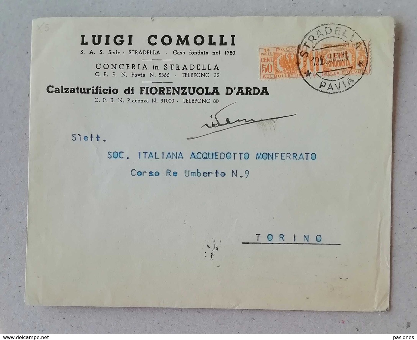 Busta Di Lettera Intestata Luigi Comolli Conceria Stradella Per Torino 19/08/1944, 50cent. Pacchi Usato Come Francobollo - Colis-postaux