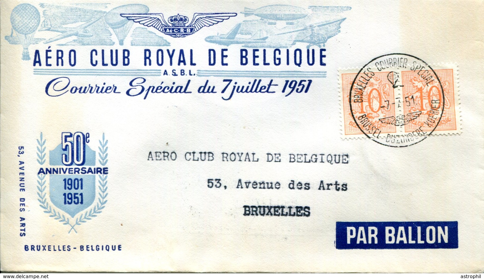 14151871 BE 19510707 Bx; Courrier Par Ballon, Aéro Club Royal Pli - Mongolfiere