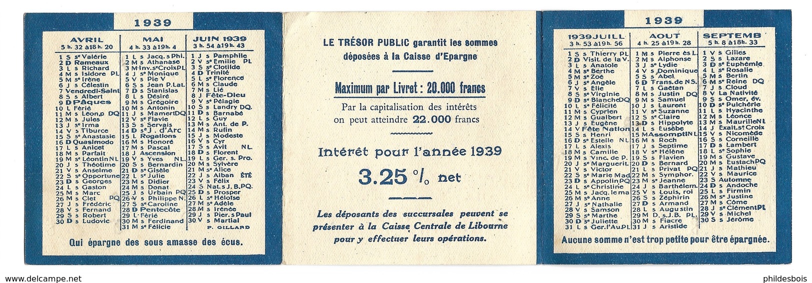 CALENDRIER PUBLICITAIRE De Poche CAISSE D'EPARGNE 1939 - Petit Format : 1921-40