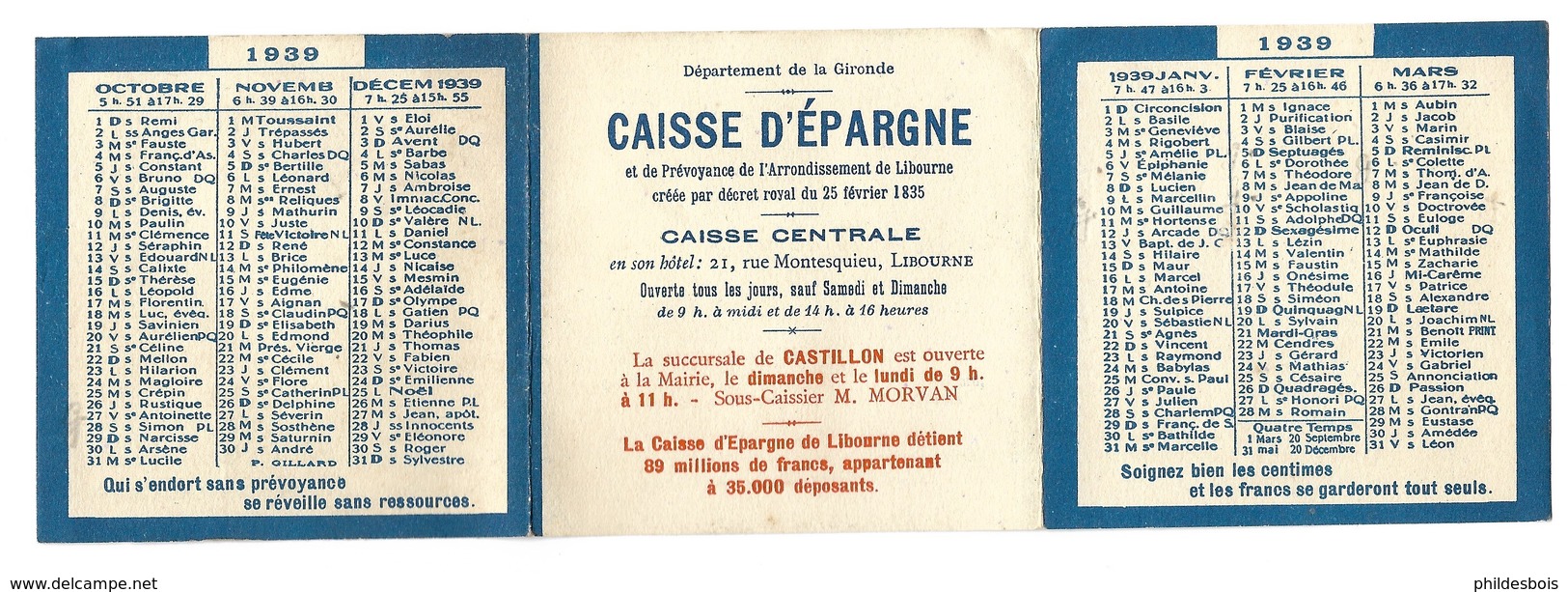 CALENDRIER PUBLICITAIRE De Poche CAISSE D'EPARGNE 1939 - Formato Piccolo : 1921-40