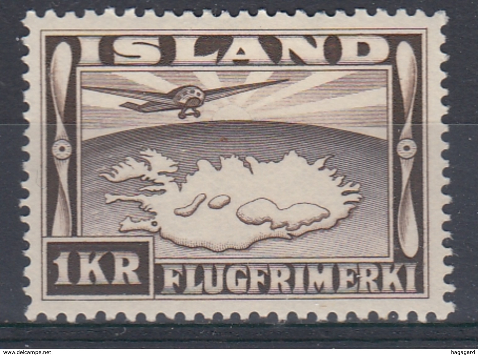 +M243. Iceland 1934. Airmail 1 KR. AFA / MICHEL 179B. MH(*). - Luchtpost