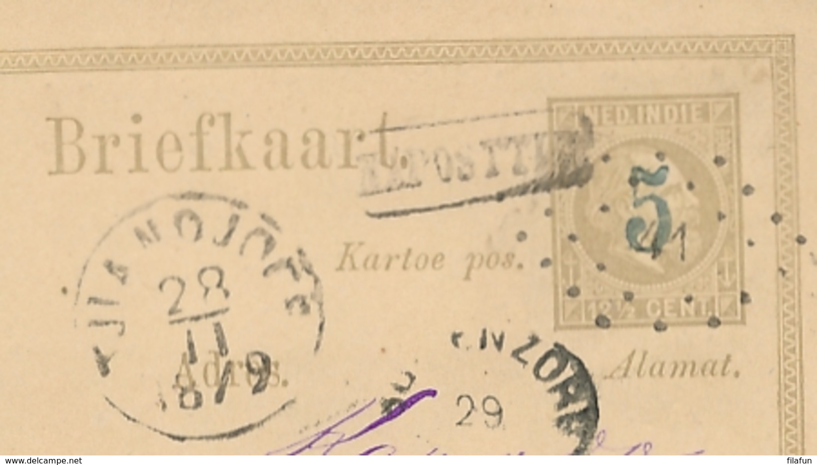 Nederlands Indië - 1879 - 5 Op 12,5 Cent Willem III, Briefkaart G4a Rond- En Puntst. TJIANDJOER Na Posttijd Naar Bogor - Indes Néerlandaises