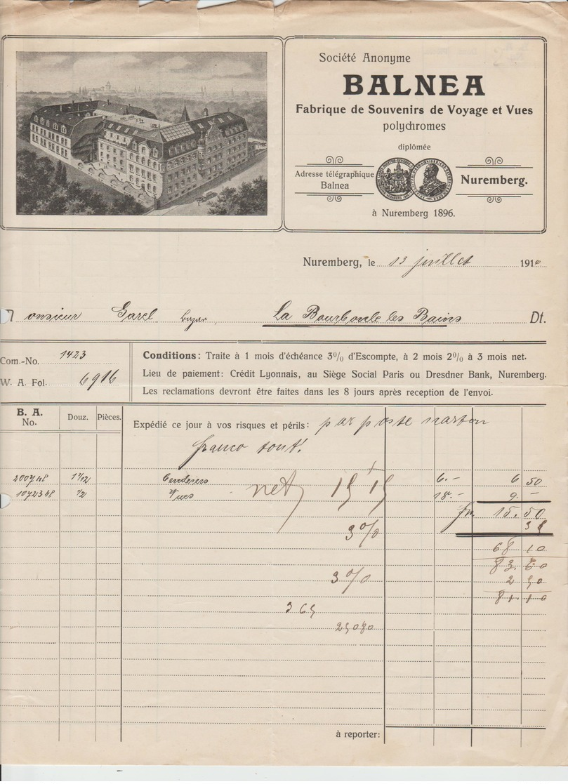 ALLEMAGNE: BALNEA Fabrique De Souvenirs & Vues à Nuremberg / Fact. De 1910 - Sports & Tourism