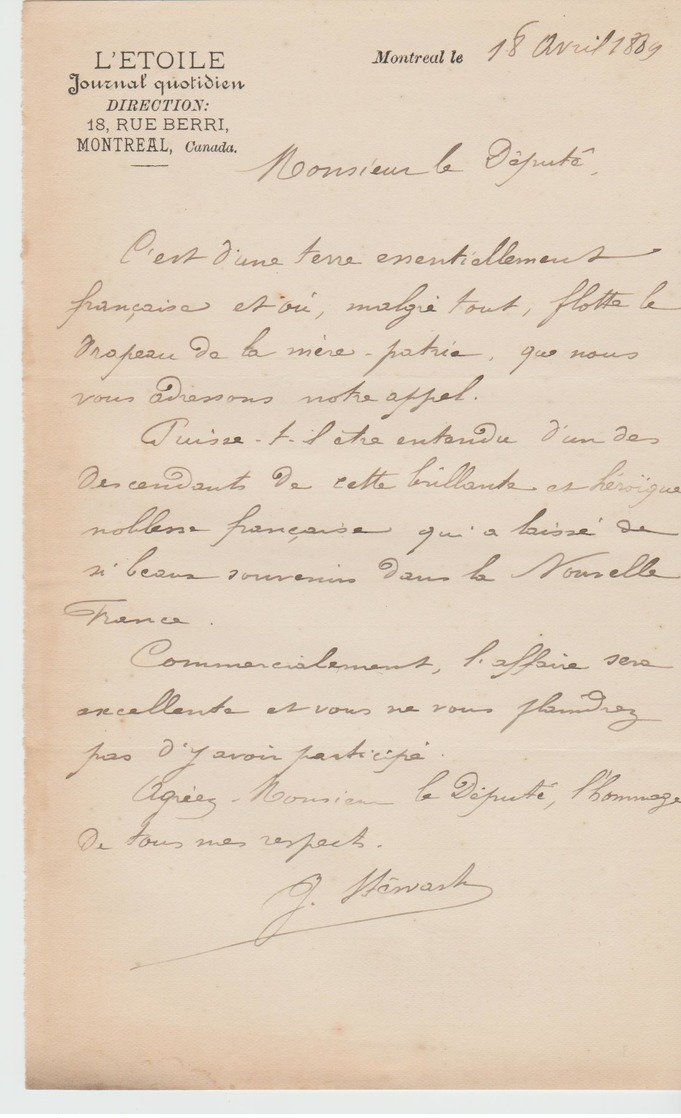 CANADA: L'ETOILE, Journal Quotidien , Rue Berri à Montréal / L. De 1889 - Kanada