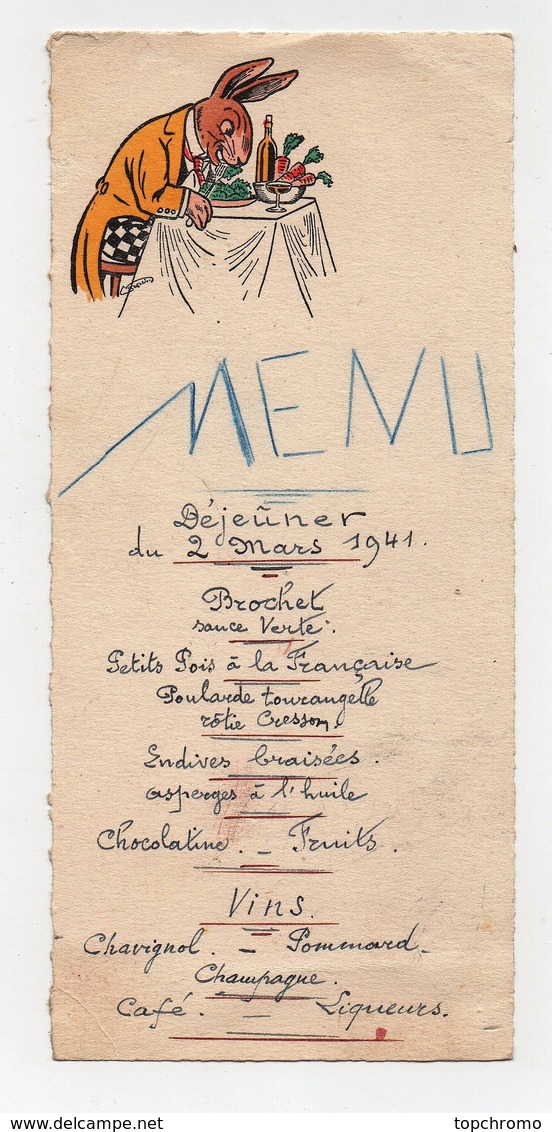 Menu Manuscrit 1941 Et 1944 Illustration Pour L'un Raymonde Hacker Et L'autre Animaux Humanisés Lapin - Menus