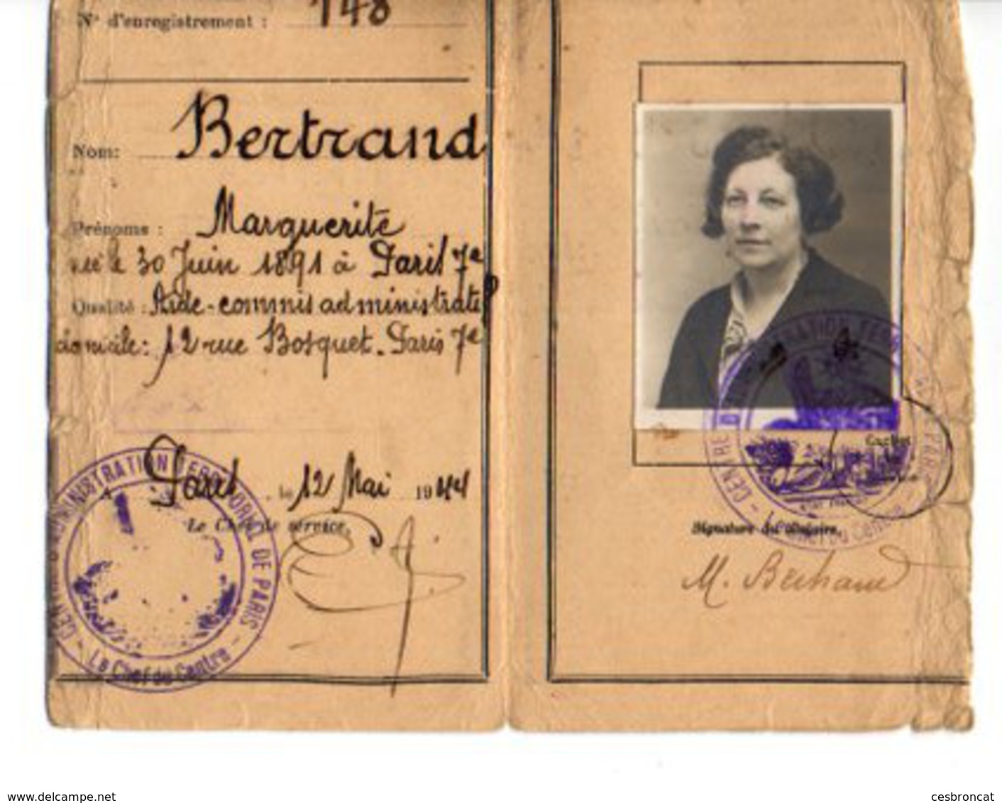 B4  12 05 1944   Carte D'identité Permanente - WW II