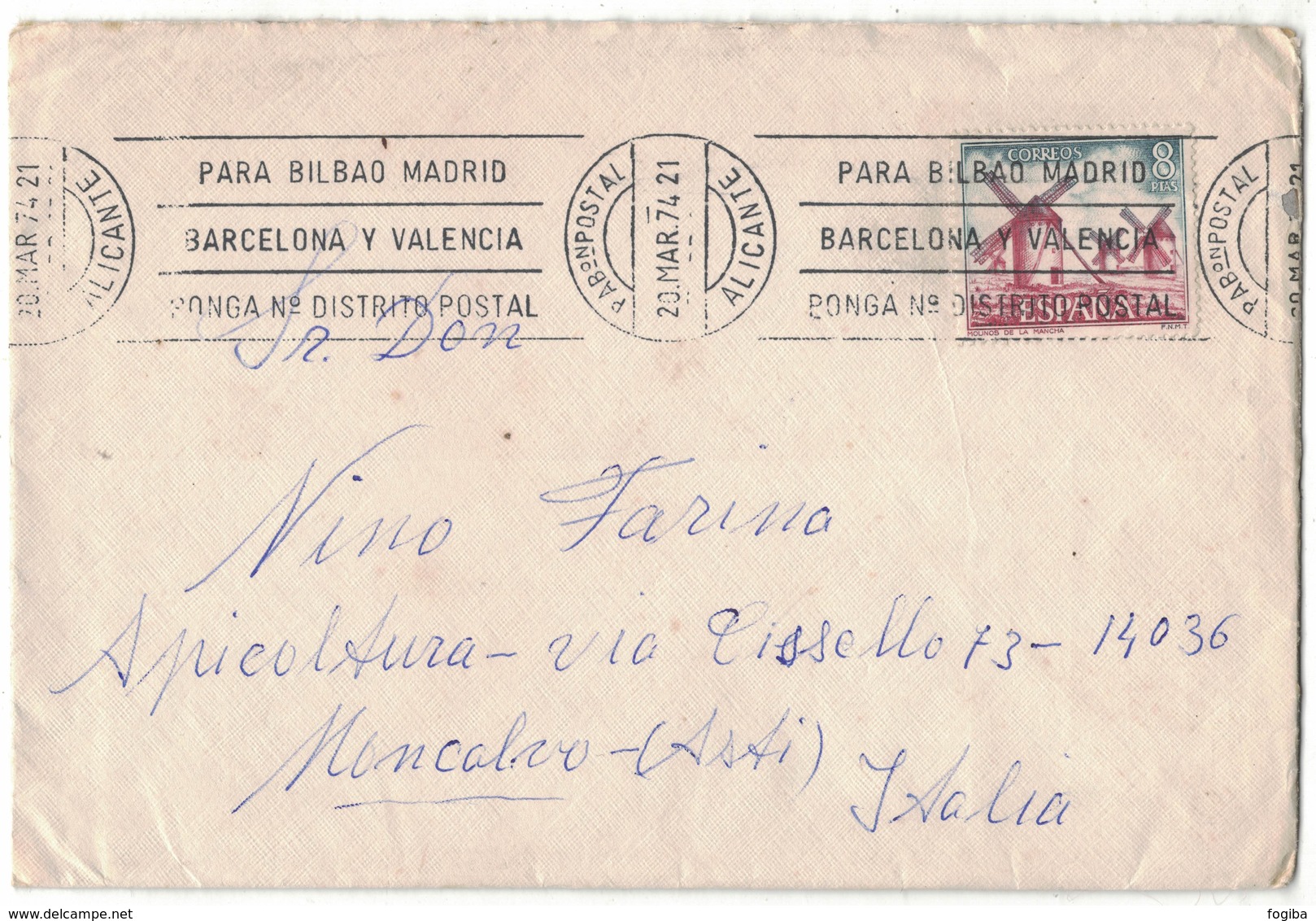 IB80   Spain 1974 Cover Alicante To Moncalvo Italy Mi.nr.2133 - Covers & Documents