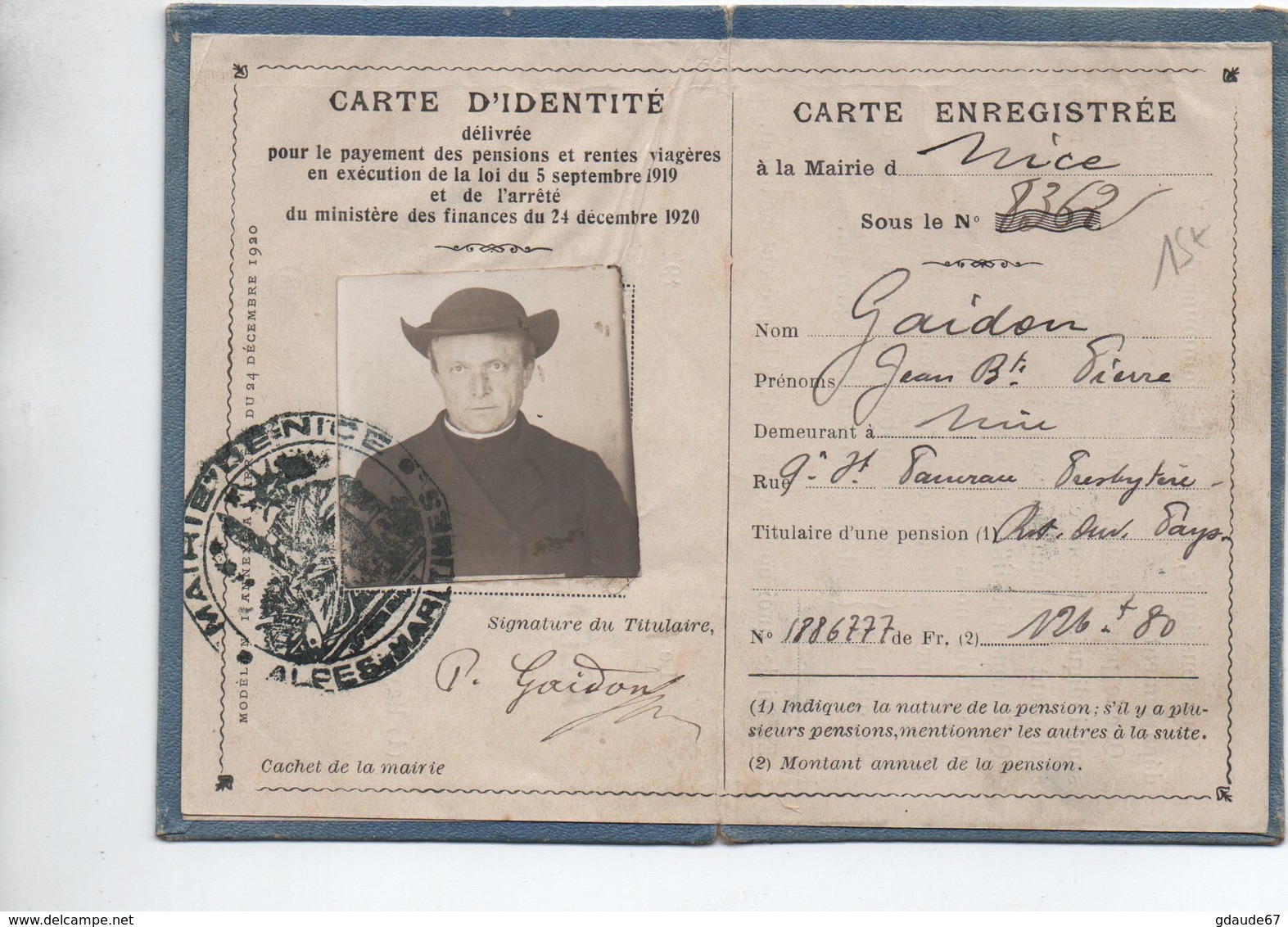 CARTE D'IDENTITE De NICE - Documents Historiques