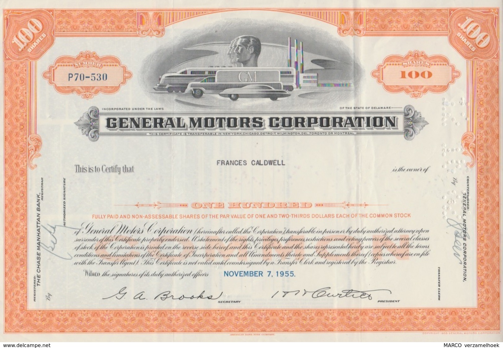 Aandeel-warrant GM General Motors Corporation 100 Shares 1955 - Transportmiddelen