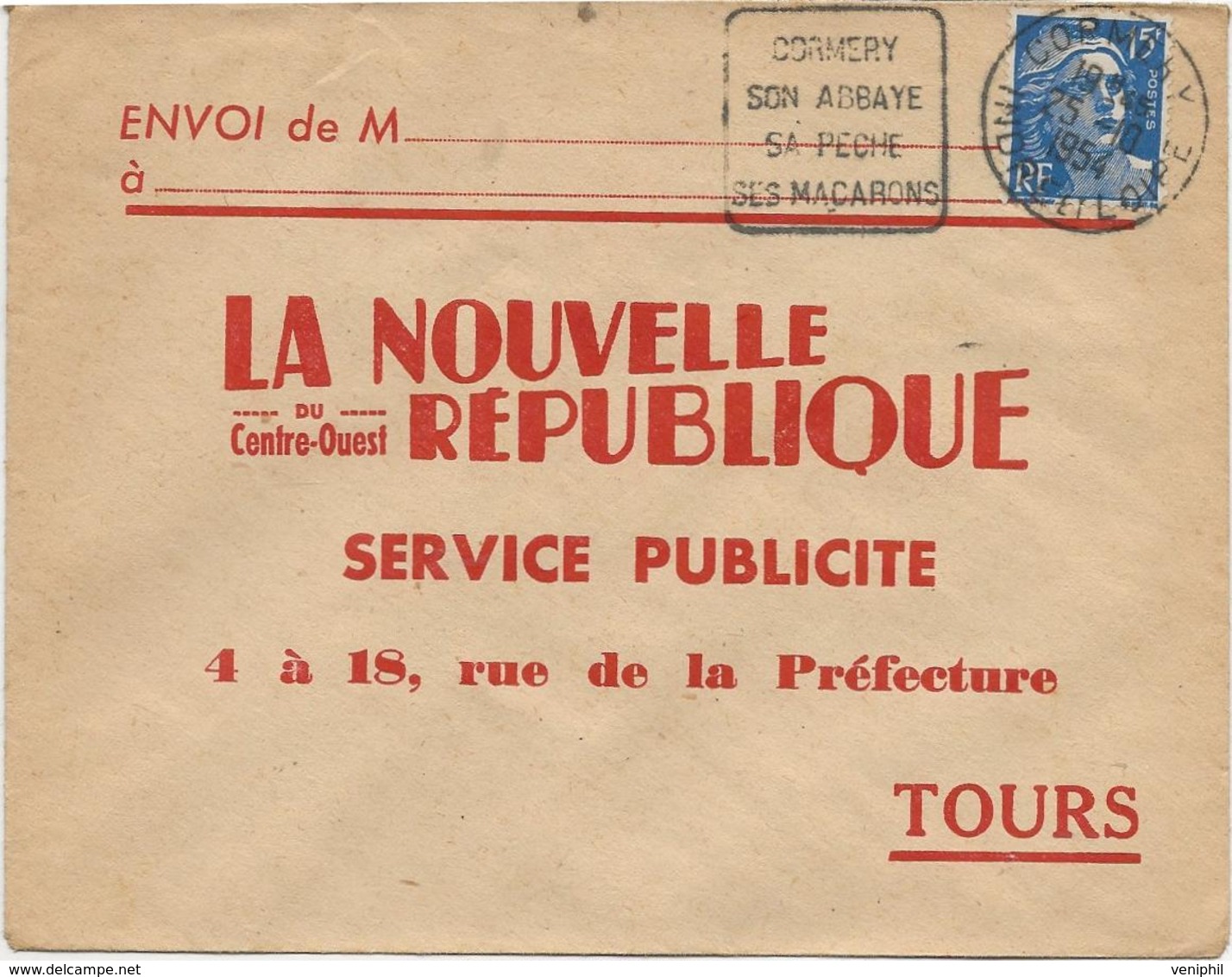 LETTRE OBLITERATION DAGUIN  " CORMERY-INDRE ET LOIRE-SON ABBAYE -SA PECHE -SES MACARONS - ANNEE 1954 - Mechanical Postmarks (Other)