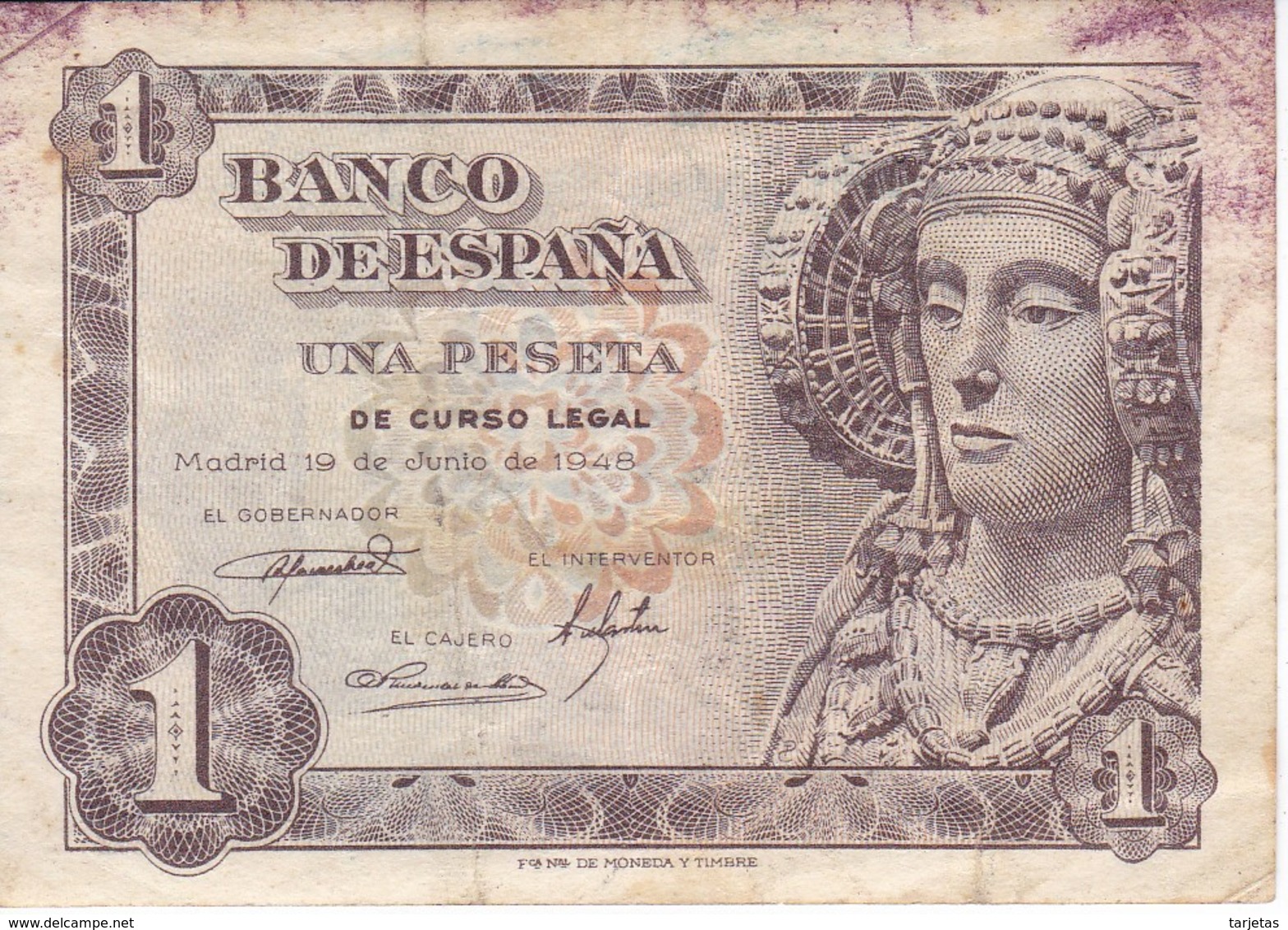 BILLETE DE ESPAÑA DE 1 PTA DEL AÑO 1948 SERIE D - DAMA DE ELCHE  (BANKNOTE) - 1-2 Pesetas