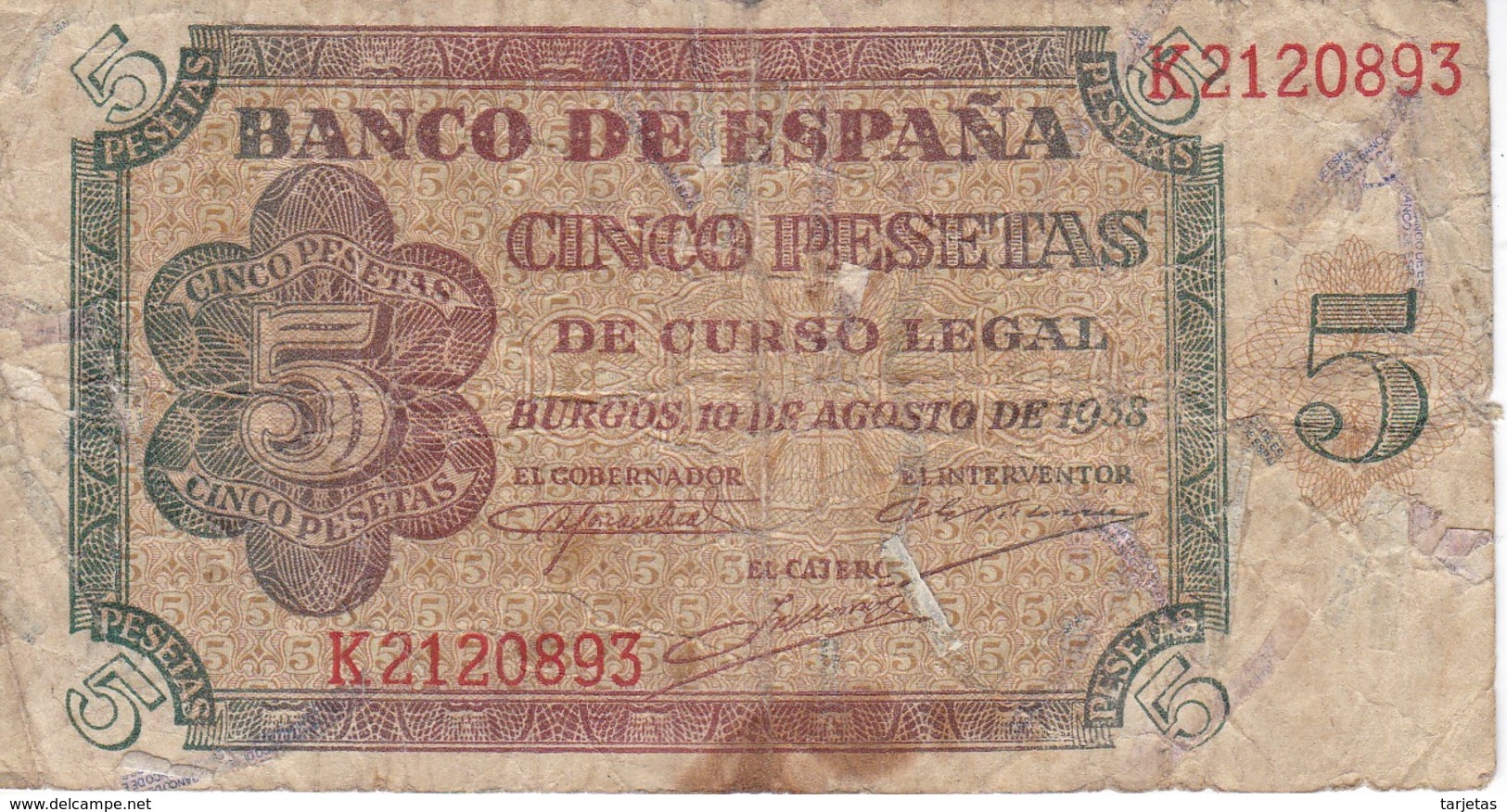 BILLETE DE ESPAÑA DE 5 PTAS DE BURGOS DEL AÑO 1938 SERIE K  (BANKNOTE) - 5 Pesetas