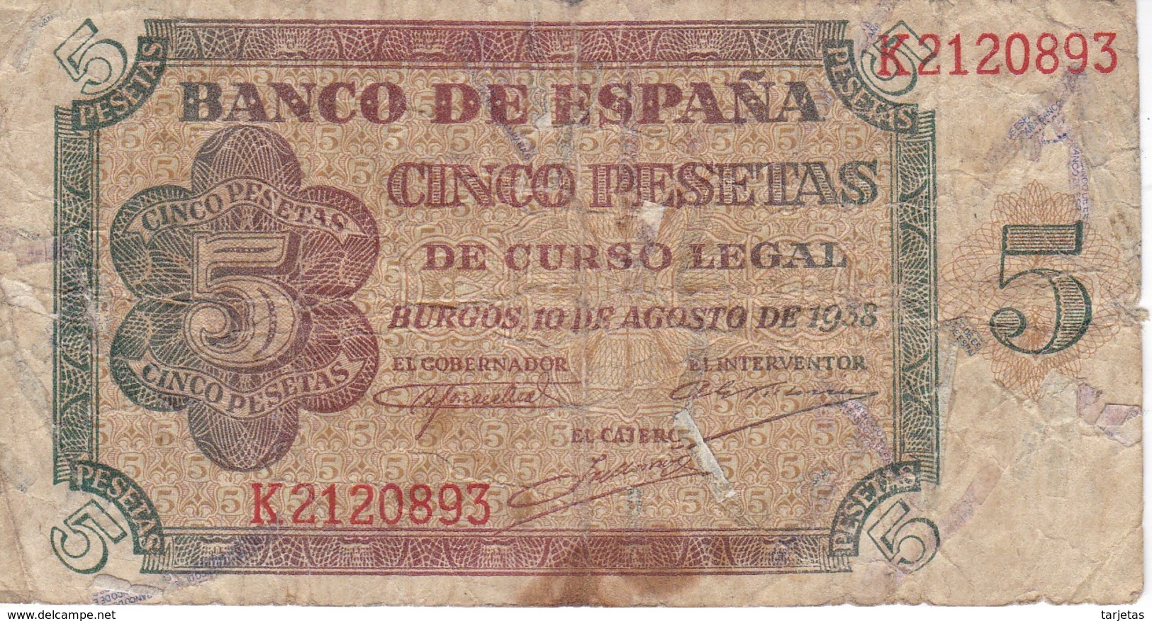 BILLETE DE ESPAÑA DE 5 PTAS DE BURGOS DEL AÑO 1938 SERIE K  (BANKNOTE) - 5 Peseten