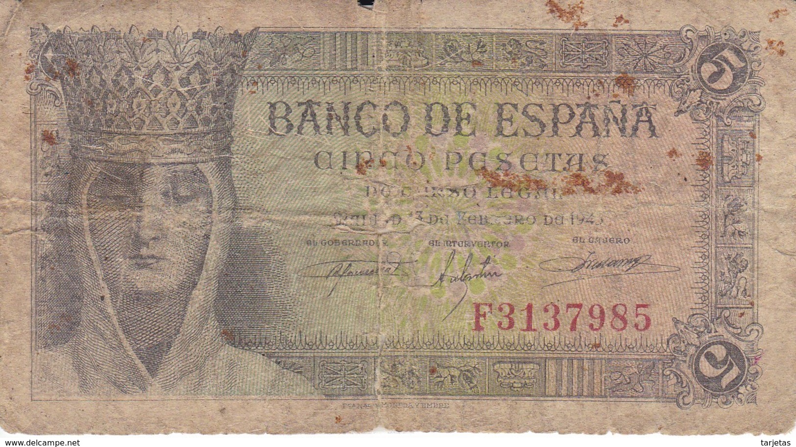 BILLETE DE ESPAÑA DE 5 PTAS DEL 13/02/1943 SERIE F  CALIDAD RC  (BANKNOTE) - 5 Pesetas