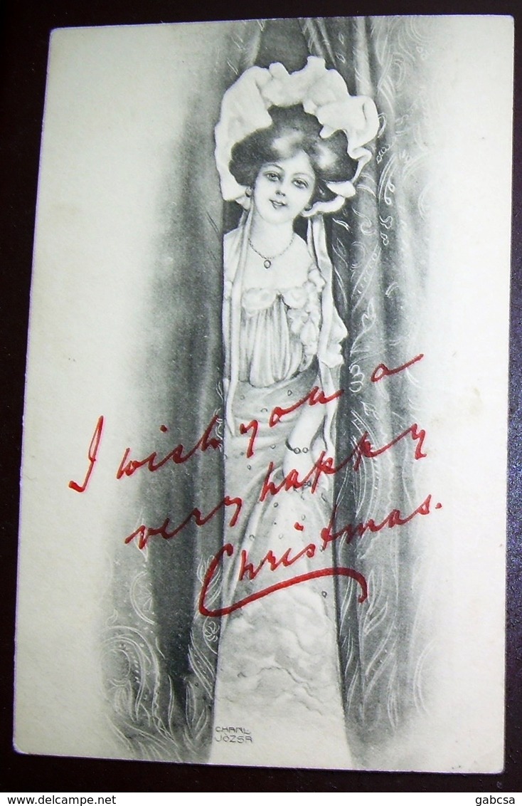 Carl /Charle Jozsa Józsa Lady Postcard, Signed Christmas Greeting Art Nouveau - Altri & Non Classificati