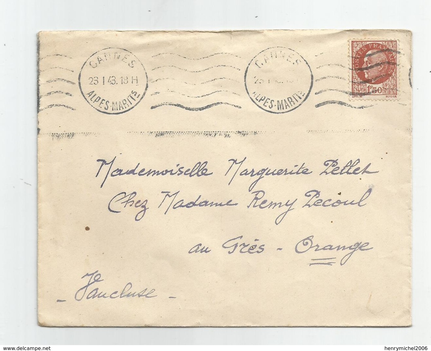 Marcophilie Lettre Cannes Archipretré Paroisse Nd Bon Voyage 13 Bvd D'italie Pour Orange 84 Vaucluse 1943 - 2. Weltkrieg 1939-1945