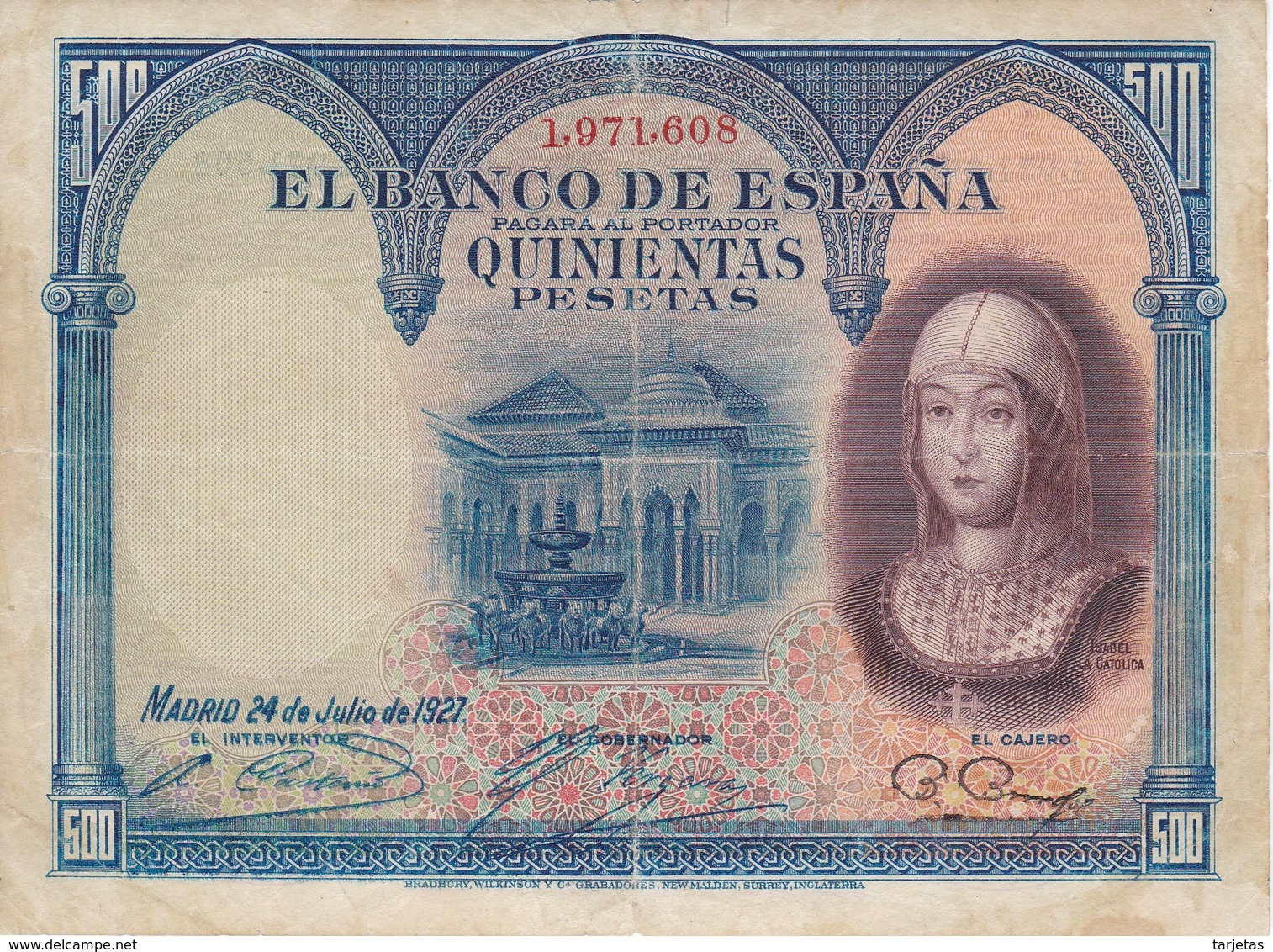 BILLETE DE 500 PTAS DEL AÑO 1927  DE ISABEL LA CATÓLICA SIN SERIE  (BANKNOTE) - 500 Pesetas