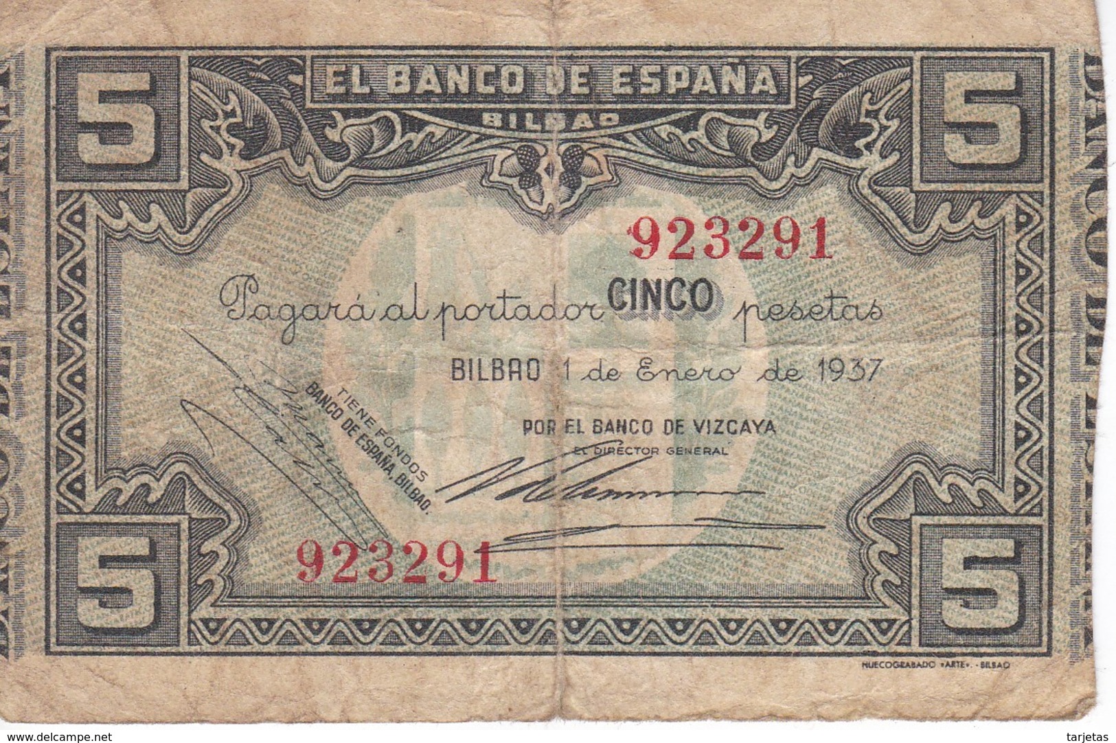 BILLETE DE ESPAÑA 5 PTAS DEL BANCO DE BILBAO 1937 - FIRMA BANCO VIZCAYA (BANKNOTE) - 5 Peseten