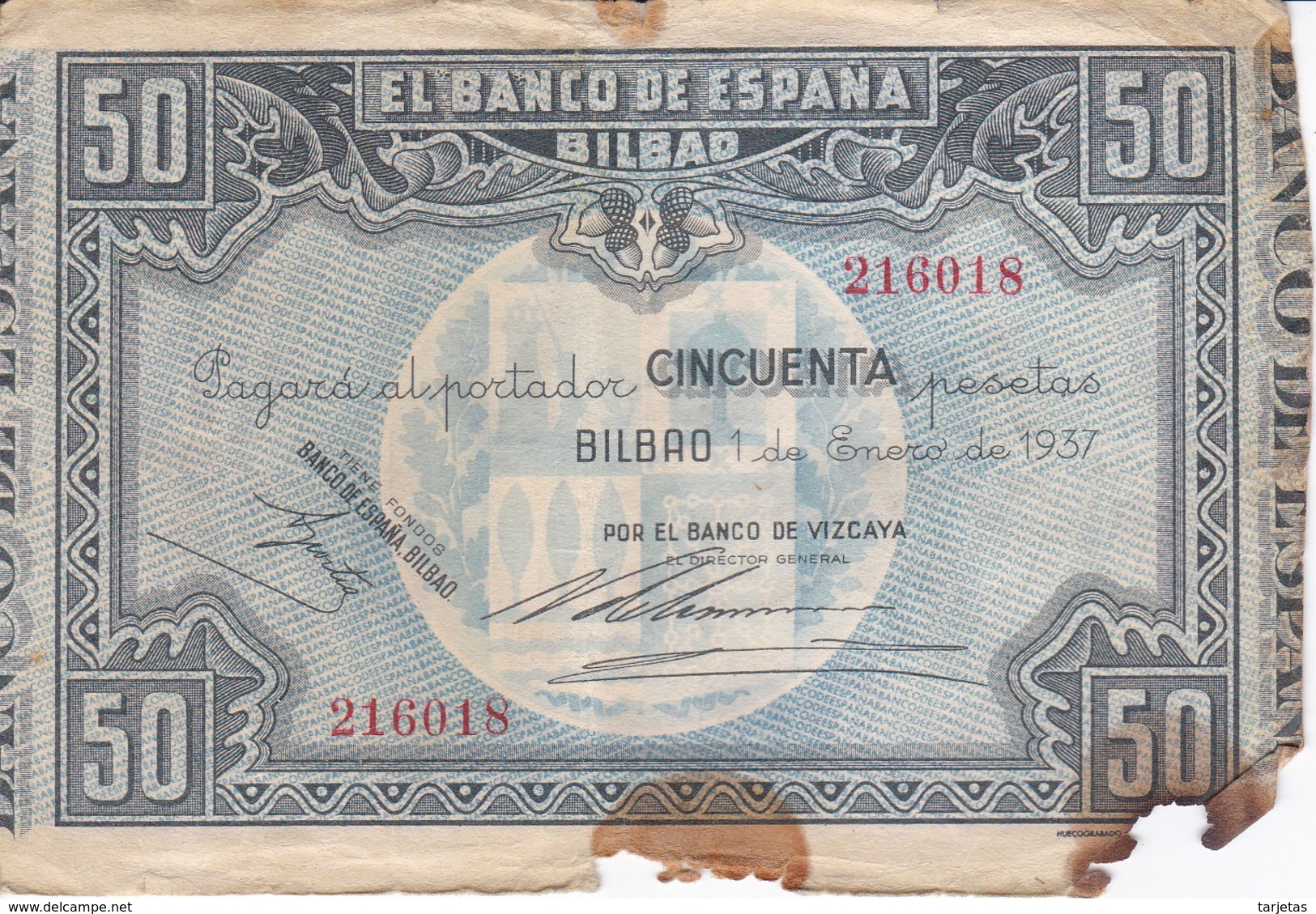 BILLETE DE ESPAÑA DE 50 PTAS DEL BANCO DE ESPAÑA-BILBAO DEL AÑO 1937 (BANCO DE VIZCAYA) - 25 Peseten