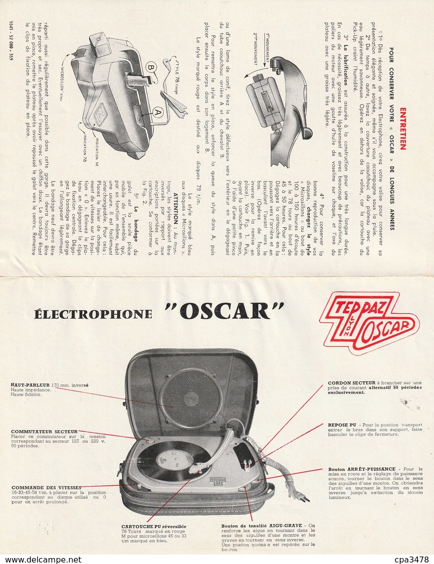 Mode D'emploi Et Fiche Technique D'un Electrophone Type "OSCAR" De TEPPAZ. - LYON (Rhone) - Matériel Et Accessoires