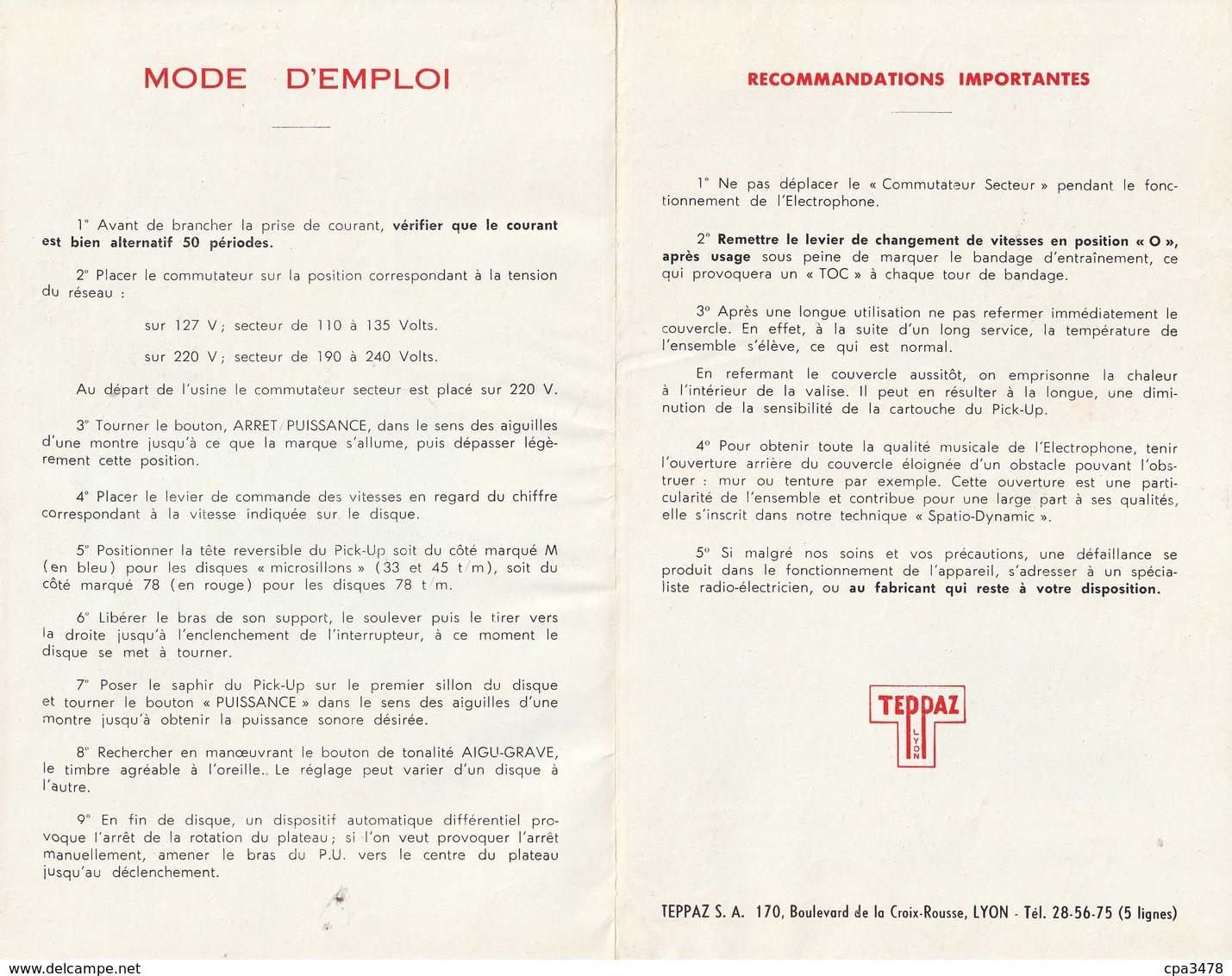 Mode D'emploi Et Fiche Technique D'un Electrophone Type "OSCAR" De TEPPAZ. - LYON (Rhone) - Matériel Et Accessoires