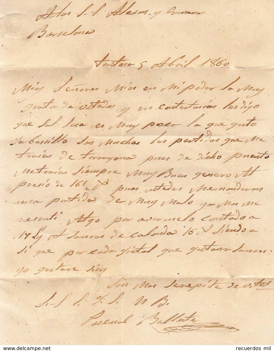 Año 1860 Edifil 52 Isabel II Carta Matasellos Tortosa Tarragona , Pascual Balleste - Covers & Documents