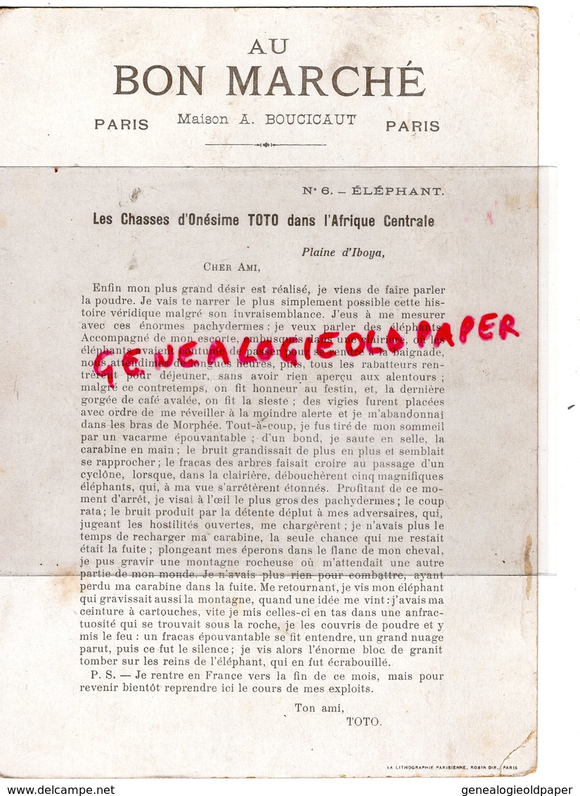 GRAND CHROMO CARTON AU BON MARCHE -MAISON BOUCICAUT N° 6 ELEPHANT -CHASSE D' ONESINE TOTO AFRIQUE CENTRALE-PLAINE IBOYA - Au Bon Marché