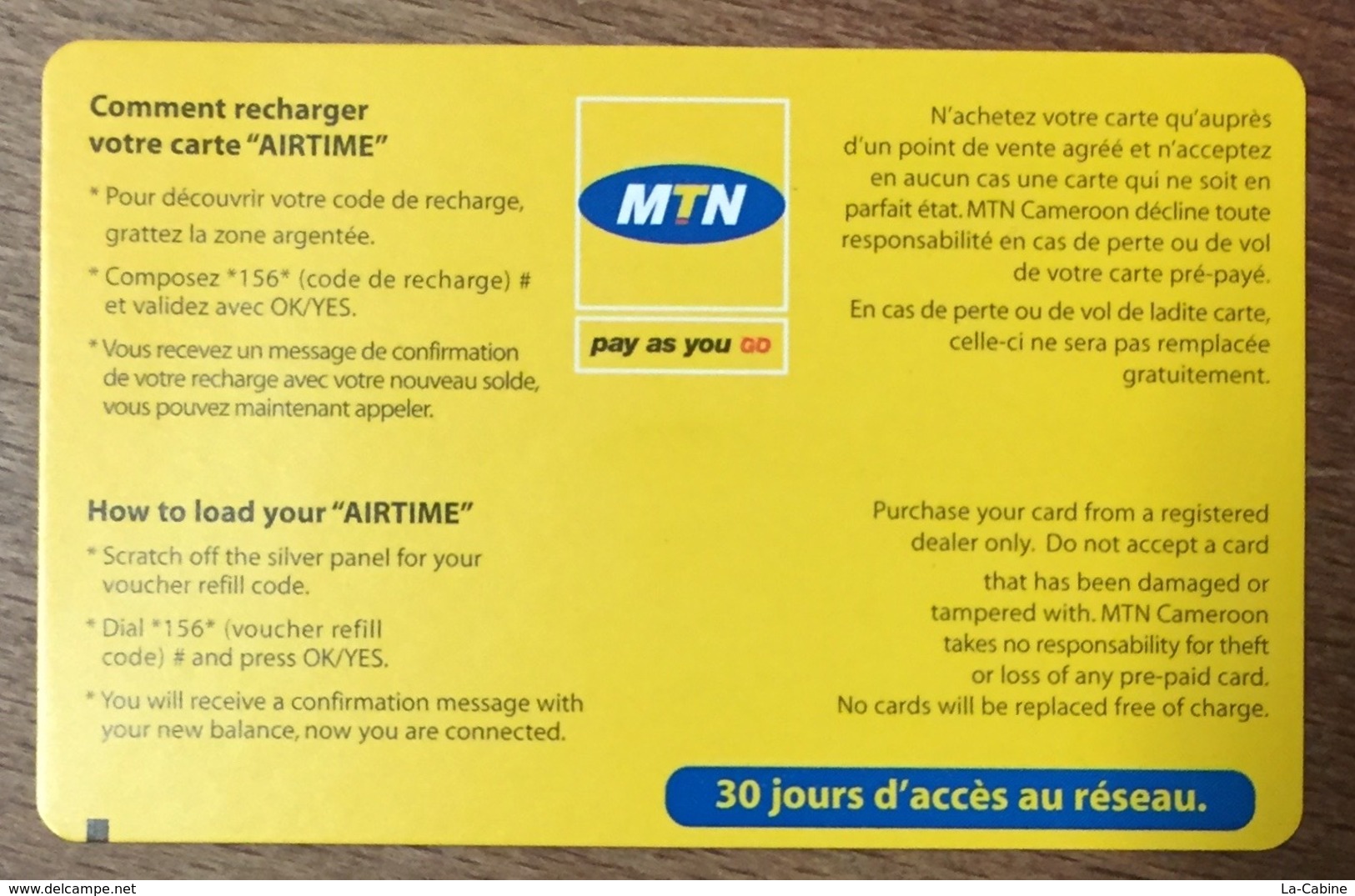 CAMEROUN MTN AIRTIME CAMEROON RECHARGE GSM 30.000 FCFA SANS CODE PAS TELECARTE CARTE TÉLÉPHONIQUE PRÉPAYÉE - Kamerun