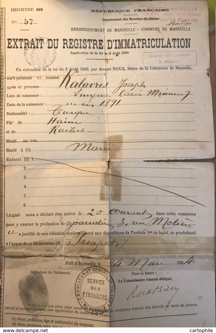 Commissariat De Police De Marseille - Registre D'immatriculation De 1924 - Joseph Kalavres De Turquie - JUDAICA - Documents Historiques
