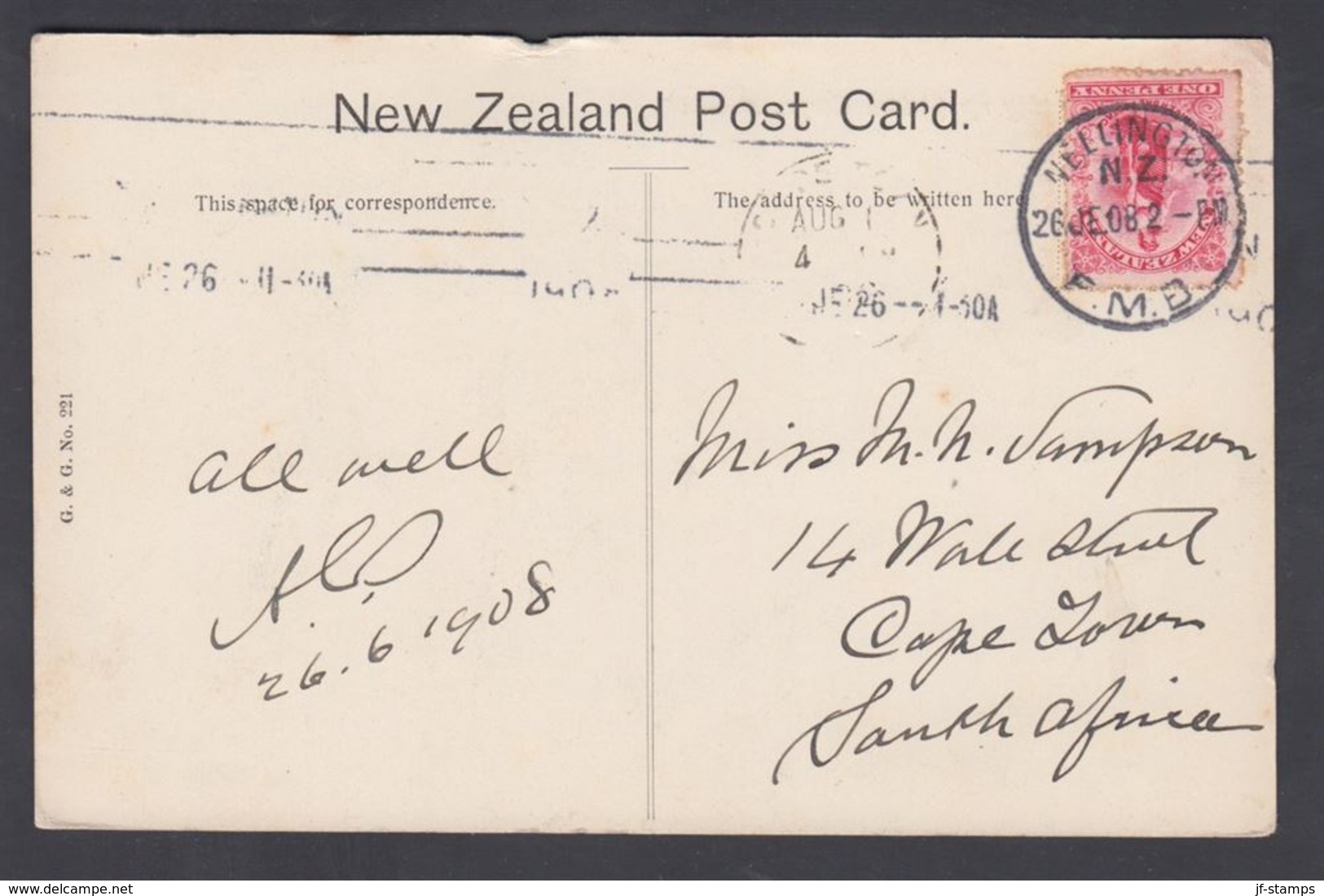 1908. New Zealand.  POST CARD. Looking Up Wairau Gorge, Nelson. To Cape Town, South A... (MICHEL 100) - JF323567 - Storia Postale