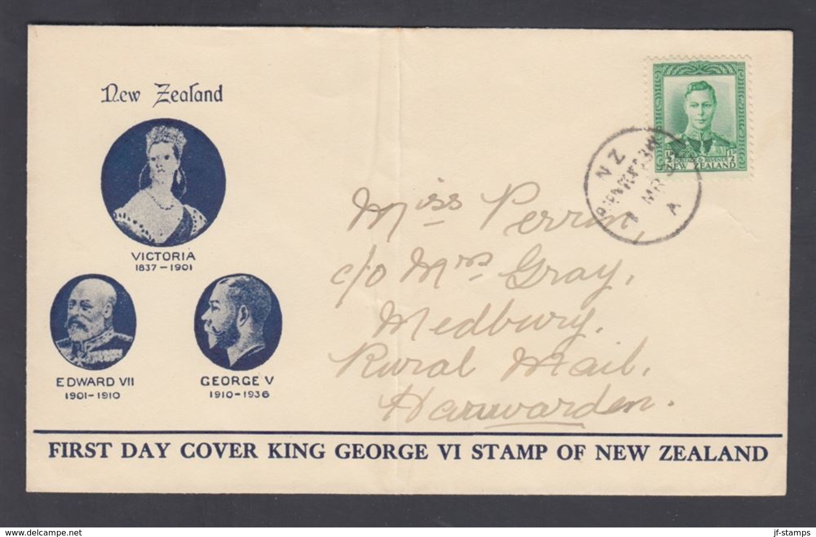 1938. New Zealand. Georg VI ½ D __ On FDC __1 MR 1938.  (MICHEL 236) - JF323574 - Lettres & Documents